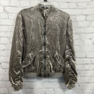 Free People Crushed Velvet Ruched Bomber Jacket Full Zip Varsity Collar Gray S
